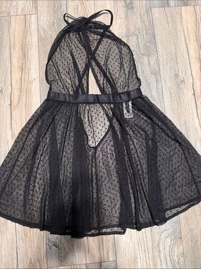 Adore Me Black Sheer Polka Dot Halter Chemise